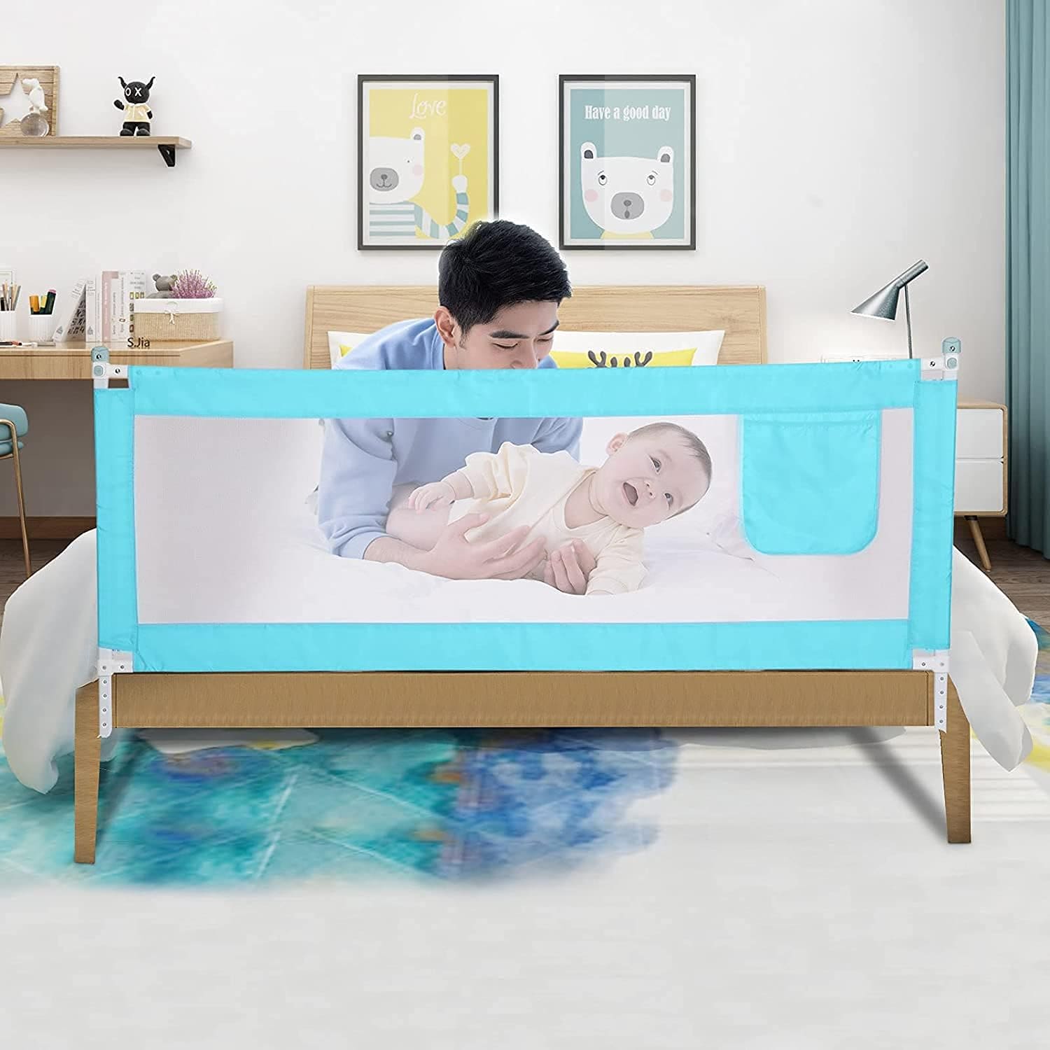 Children Bed Barrier, Baby Bed Safety Guard, Fence Guardrail Security, Foldable Baby Bed Fencing Gate, Crib Adjustable Safety Kids Rails, Safety Protection Guard Beige for Toddler, Up & Down Falling Protector Bed Rails for Kids