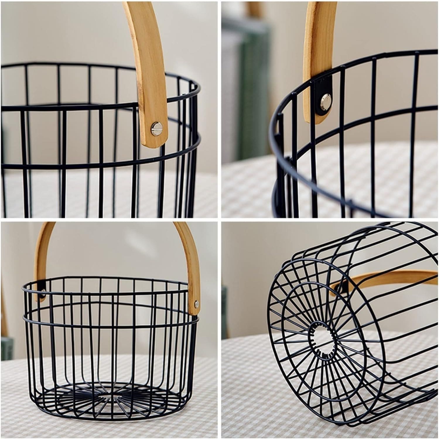 Wooden Handle Iron Basket, Metal Fruit Bowl, Portable Storage Basket, Wrought Iron Modern Sundries Basket, Multipurpose Metal Wire Storage Basket, Home Supplies Picnic Basket
