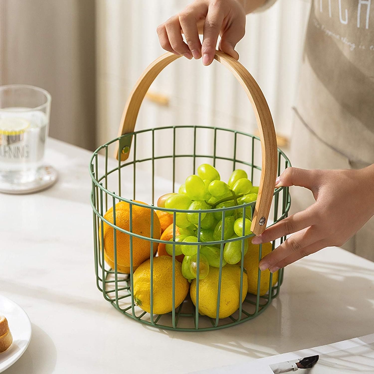 Wooden Handle Iron Basket, Metal Fruit Bowl, Portable Storage Basket, Wrought Iron Modern Sundries Basket, Multipurpose Metal Wire Storage Basket, Home Supplies Picnic Basket