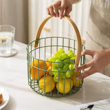 Wooden Handle Iron Basket, Metal Fruit Bowl, Portable Storage Basket, Wrought Iron Modern Sundries Basket, Multipurpose Metal Wire Storage Basket, Home Supplies Picnic Basket