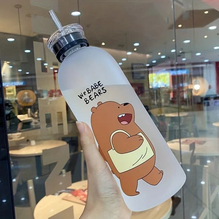 Cute Bear Bottle – Frosted Water Bottle with Straw & Direct Drink Lid – 1000ML