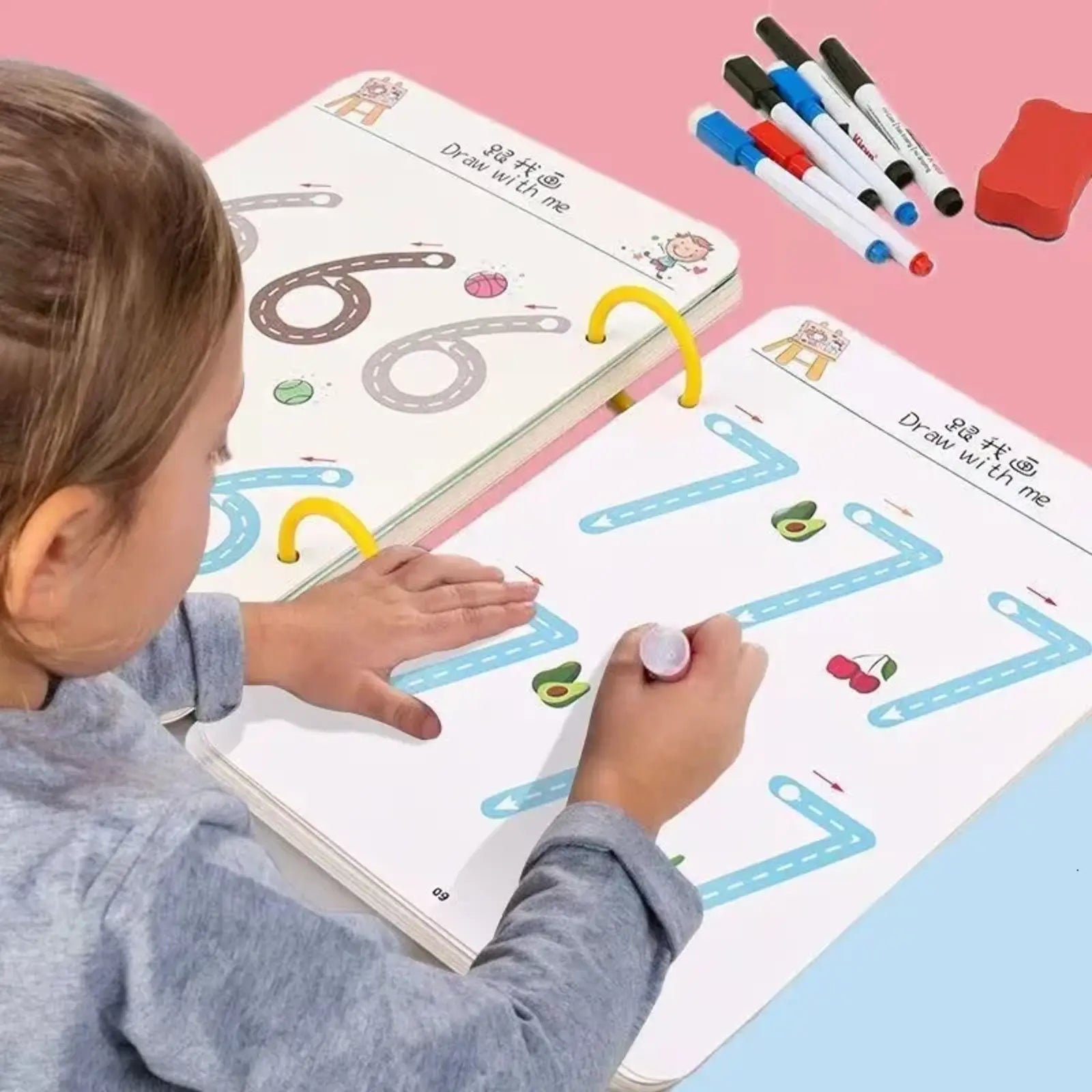 Level 1 Magical Tracing 32 Pages Work Book With Pen, Reusable Calligraphy Copy Book, Practice Drawing Book, Kids Educational Learning Book, Logic Thinking Training Notebook, Practice Copy Control Training Book