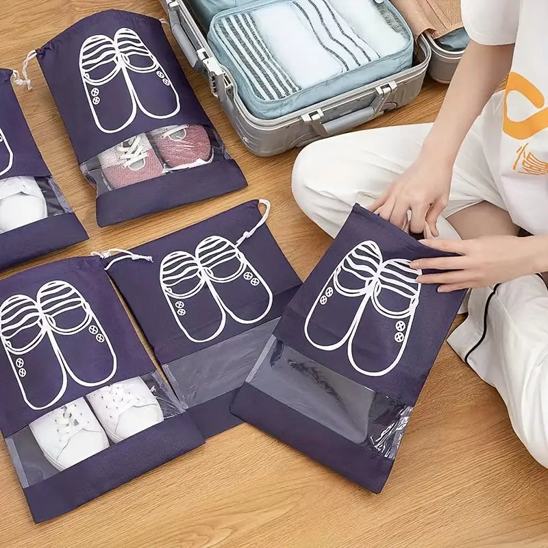 Set Of 5 Travel Shoe Pouch, Grey Non Woven Fabric Dustproof Drawstring Bag, Breathable Storage Pouch With Visual Window, Portable Shoe Organizer Drawstring Bag