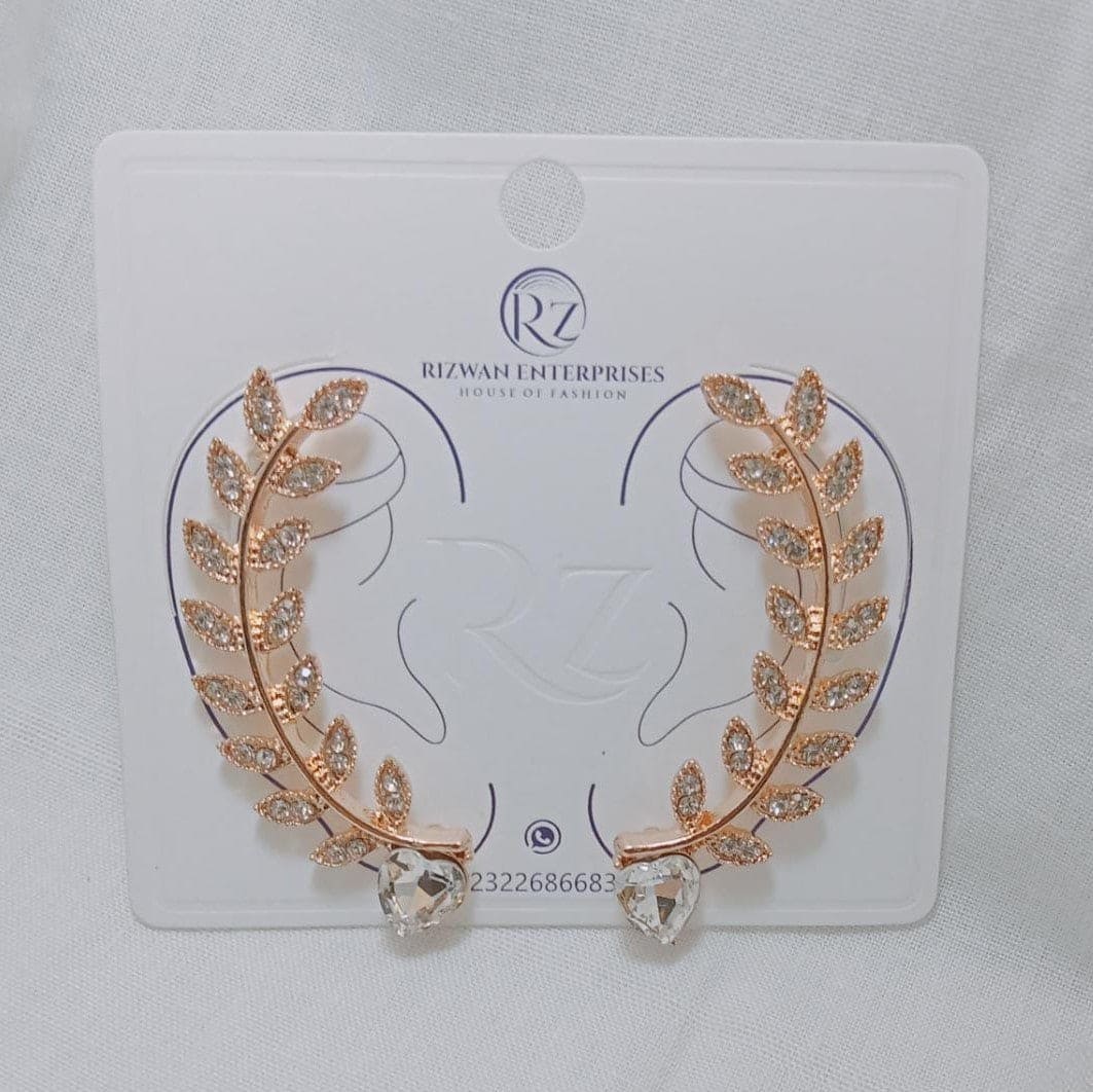 Leaf Crystal Heart Sparking Cuff Earring, Piercing Ear Bone Clip, Curved Leaf Brooch Ear Cuff, Ruby Ear Cuff,