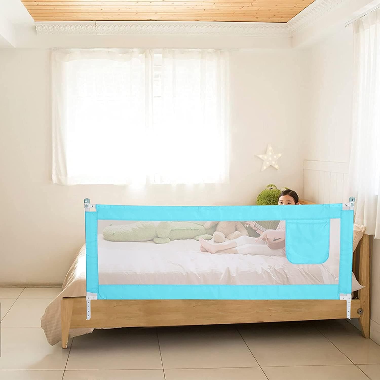 Children Bed Barrier, Baby Bed Safety Guard, Fence Guardrail Security, Foldable Baby Bed Fencing Gate, Crib Adjustable Safety Kids Rails, Safety Protection Guard Beige for Toddler, Up & Down Falling Protector Bed Rails for Kids