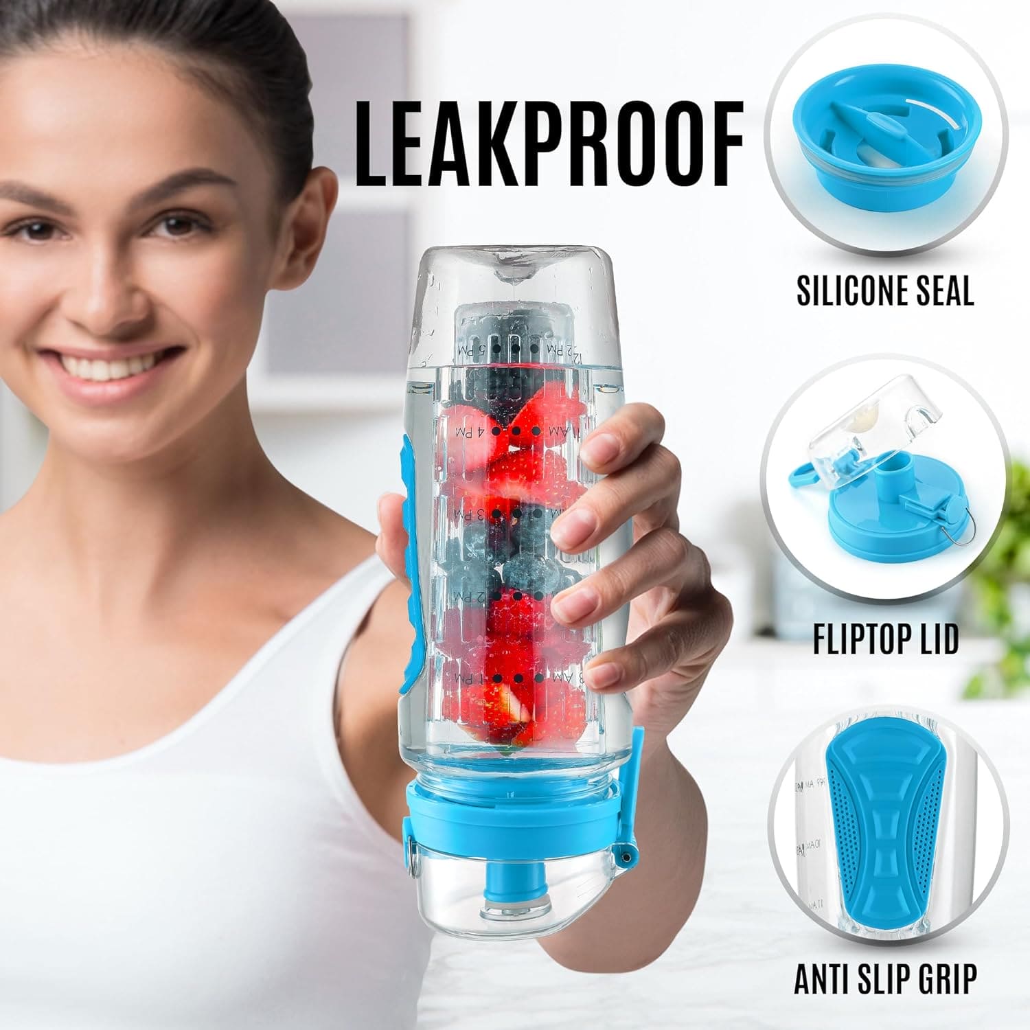 Aqua Time Infuser Water Bottle, 1L Time Tracker Bottle With Cleaning Brush, Acrylic Detox Sports Water Bottle, Triton Sports Bottle with Flip Top Lid, Fruity infusing Water Bottles for Women & Men -