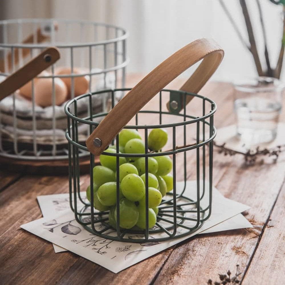 Wooden Handle Iron Basket, Metal Fruit Bowl, Portable Storage Basket, Wrought Iron Modern Sundries Basket, Multipurpose Metal Wire Storage Basket, Home Supplies Picnic Basket