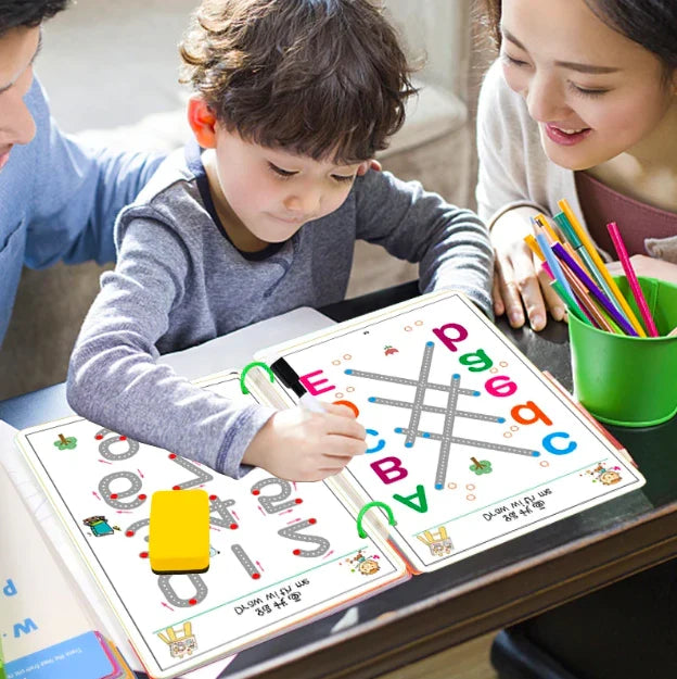Level 1 Magical Tracing 32 Pages Work Book With Pen, Reusable Calligraphy Copy Book, Practice Drawing Book, Kids Educational Learning Book, Logic Thinking Training Notebook, Practice Copy Control Training Book