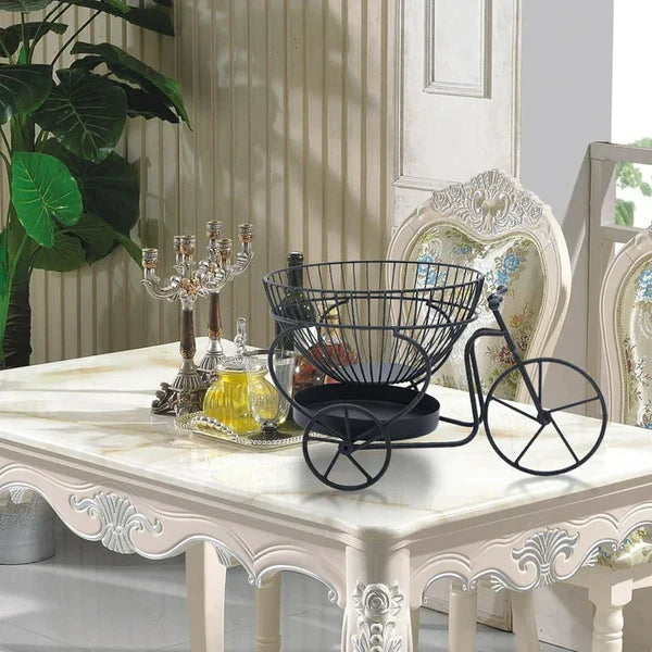 Tricycle Metal Fruit Basket, Double Layer Hollow Design Fruit Plate, Portable Kitchen Storage Countertops Shelf Rack, Metal Black Fruit And Vegetable Storage Stand, 2 Tier Metal Bread Basket