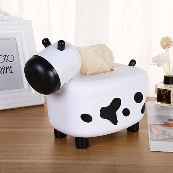 Happy Cow Tissue Box With Holder, Plastic Toothpicks Tissue Dispenser, Cartoon Cow Decorative Plastic Tissue Box, 2 in 1 Multifunctional Toothpick Holder Tissue Box, Facial Paper Dispenser Organizer for Bathroom Home