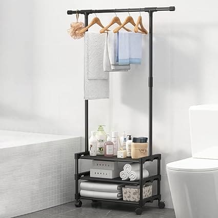 Multifunctional Cloth Rack With Wheels, Multilayer Floor Hanger, 4 in 1 Hall Tree with Storage Shelf,  Simple Cloth Organizer Wardrobe, Shoes Rack Home Organizer, Multifunction Floor Standing Clothes Hanger Rack
