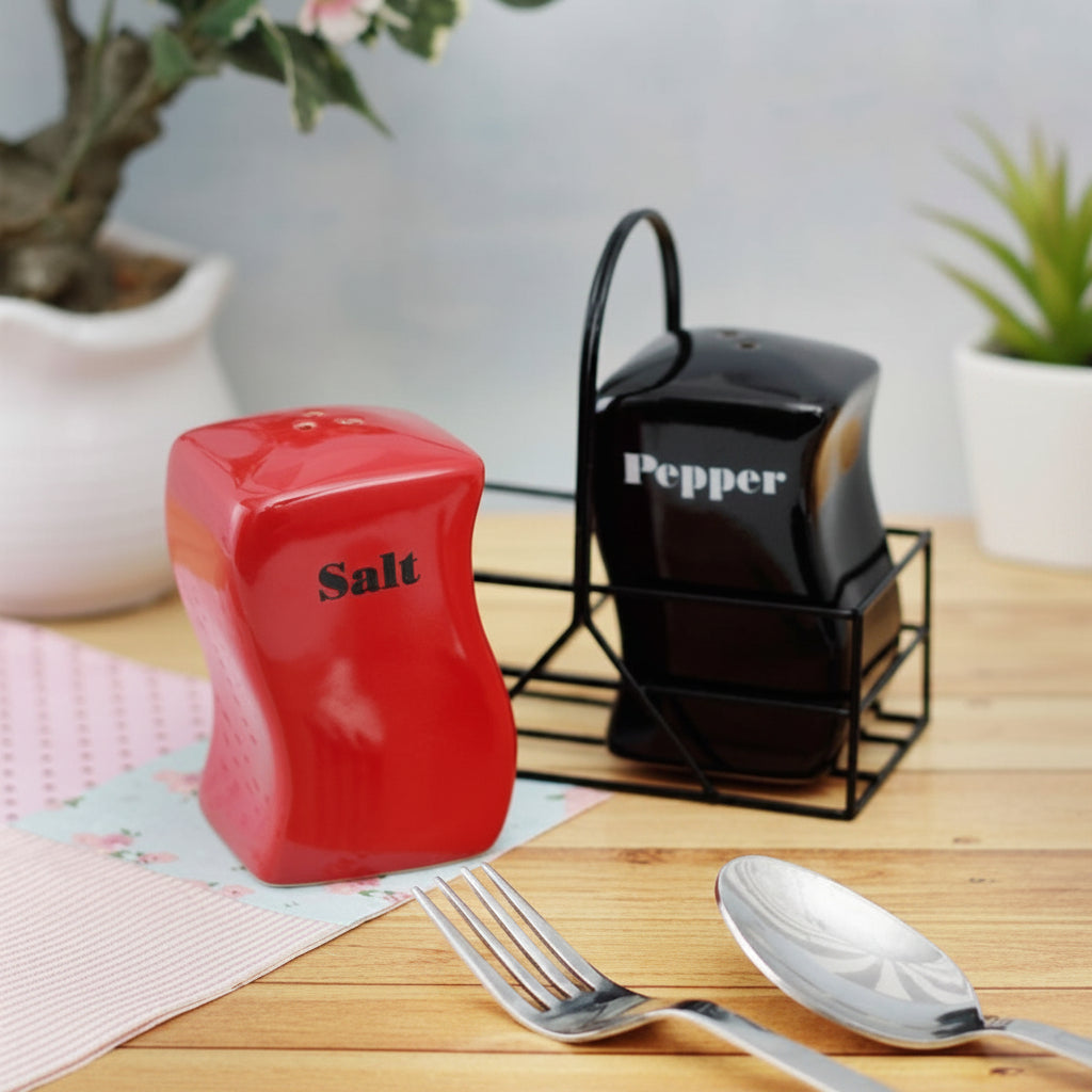 Ceramic Salt & Pepper Shaker Set with Metal Holder