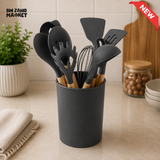 CHARCOAL GREY SILICONE KITCHEN UTENSIL SET WITH HOLDER AND WOODEN HANDLES