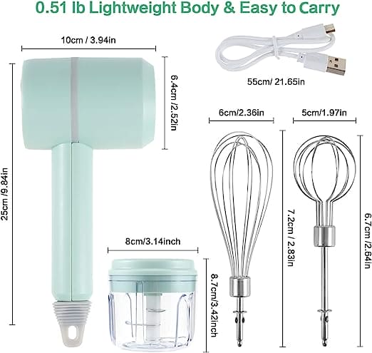 Mini Food Mixer, 3 In 1 Cordless Garlic Chopper, Electric Hand Mixer, Portable Manual Mixer, 3 Speed Adjustable Electric Egg Beater, Wireless Multifunction Hand Blender, USB Rechargeable Mini Food Chopper, Kitchen Blender For Baking Cooking