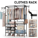 Multifunctional Clothes Hanger Stand, Simple Fashion Clothes Wardrobe, Double Row Clothes Rack, Floor Garment Storage Wardrobe, Metal Black Floor Standing Coat Rack, Hallway Furniture Assembly Hanger Shelf