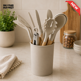 COMPLETE BEIGE KITCHEN COOKING UTENSIL SET WITH STORAGE HOLDER