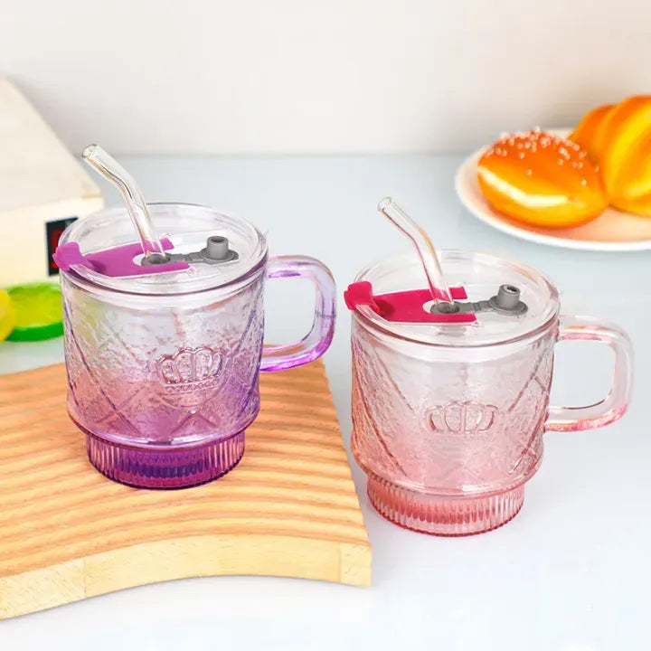 Crown Glass Mug with Lid & Glass Straw | Premium Crystal Drink Cup for Coffee, Tea & Cold Beverages
