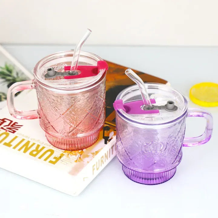 Crown Glass Mug with Lid & Glass Straw | Premium Crystal Drink Cup for Coffee, Tea & Cold Beverages