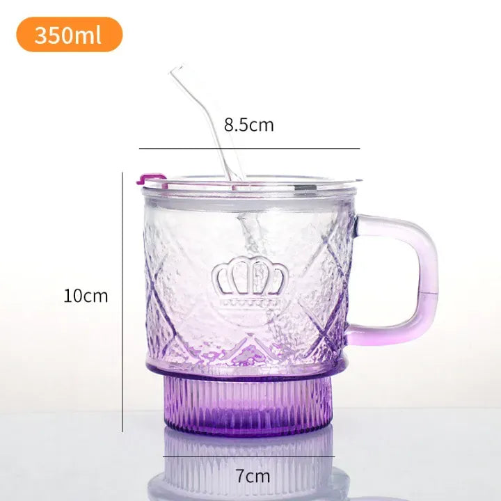 Crown Glass Mug with Lid & Glass Straw | Premium Crystal Drink Cup for Coffee, Tea & Cold Beverages
