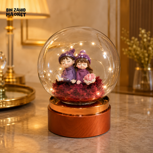 DECORATIVE COUPLE GLASS GLOBE LED TABLE LAMP WITH ROSE GOLD BASE