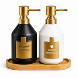 Dual Soap Dispenser Set with Bamboo Base – Black & White Edition | Modern Kitchen & Bathroom Organizer
