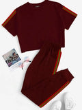 Elegance Strip Crop Track Suit, Women's Soft Sports, Comfortable Pant Sportive Track Suit