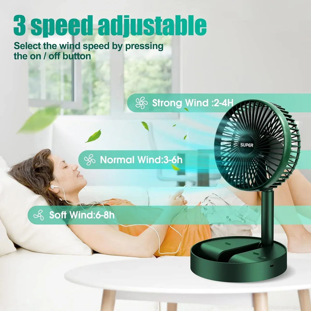 Foldable Table Fan with Adjustable Height & Phone Holder - Rechargeable Desktop Fan