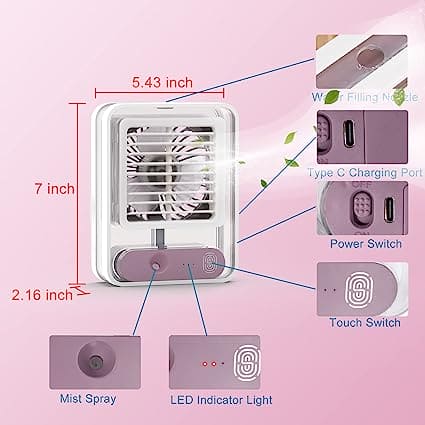 Portable Desktop Air Conditioner, USB Mini Air Cooler Fan, Water Cooling Fan, 500 ml Water Tank USB Personal Cooler, Quiet Mini Desktop Cooling Fan for Indoor Outdoor, Personal Humidifying Air Fan, Air Cooler Desk Fan for Office Kitchen Home