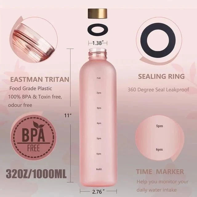 1L Frosted Time Marker Water Bottle – BPA Free Leakproof Gym Bottle