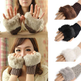 Fingerless Winter Gloves, Rabbit Fur Mitten Gloves, Faux Fur Fluffy Winter Gloves, Woolen Crochet Knitted Wrist Warmer Glove, Winter Half Finger Gloves, Warmer Stylish Gloves