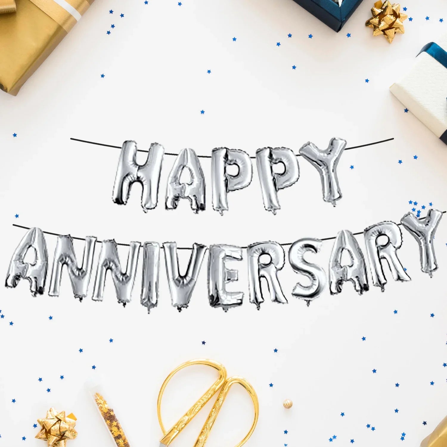 Happy Anniversary Foil Balloons, Gold Silver Happy Anniversary Foil Banner, Decorative Aluminum Film Balloons, Couple Anniversay Foil Balloon Pack