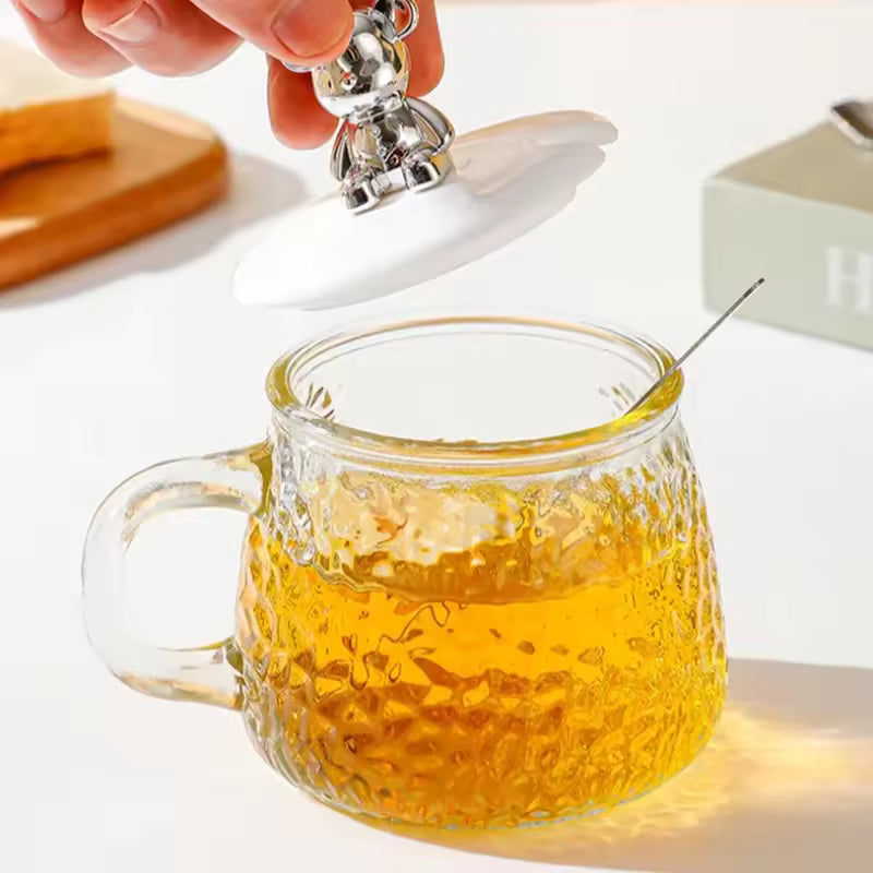 400ml Bear Glass Mug with Lid & Spoon | Cute Textured Crystal Tea & Coffee Cup