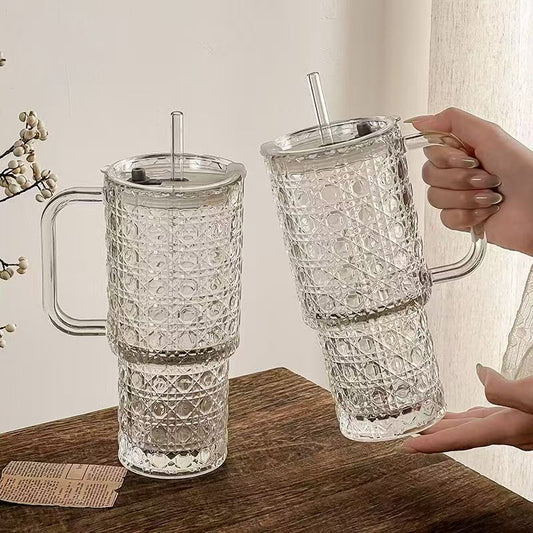 Glass Tumbler with Handle, Straw & Leak-Proof Lid – 750ml | Large Capacity Reusable Drinking Cup