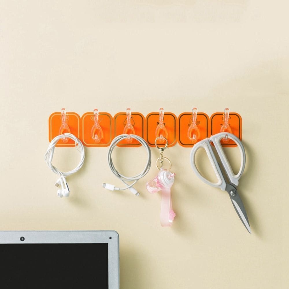 Six Hook Sticky Hanger, Multipurpose Wall Hooks, Transparent Plastic Duty Wall Hook for Kitchen Bathroom Office Storage, Wall Mounted Towel Hanger