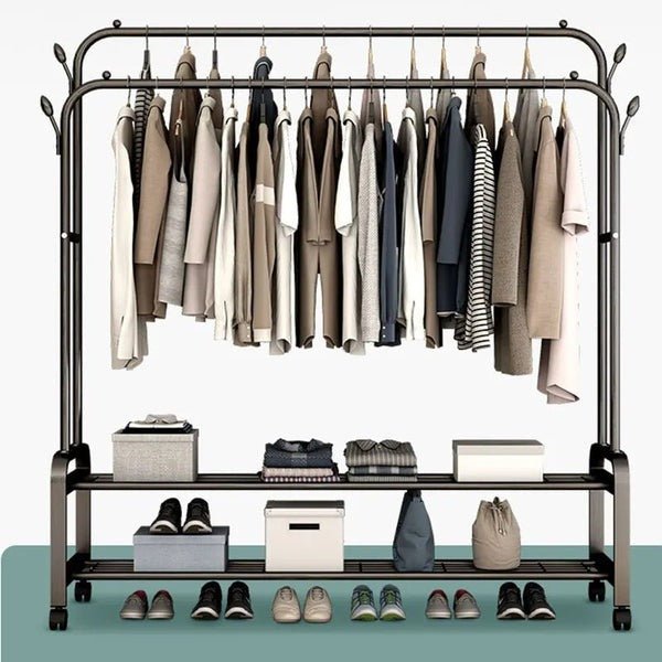 Heavy Duty Metal Clothes Rack with Wheels – Double Rail & Storage Shelf