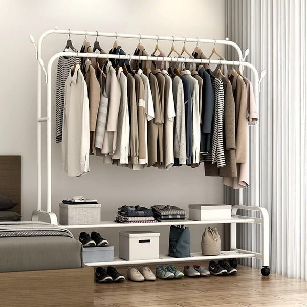Heavy Duty Metal Clothes Rack with Wheels – Double Rail & Storage Shelf