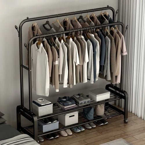 Heavy Duty Metal Clothes Rack with Wheels – Double Rail & Storage Shelf