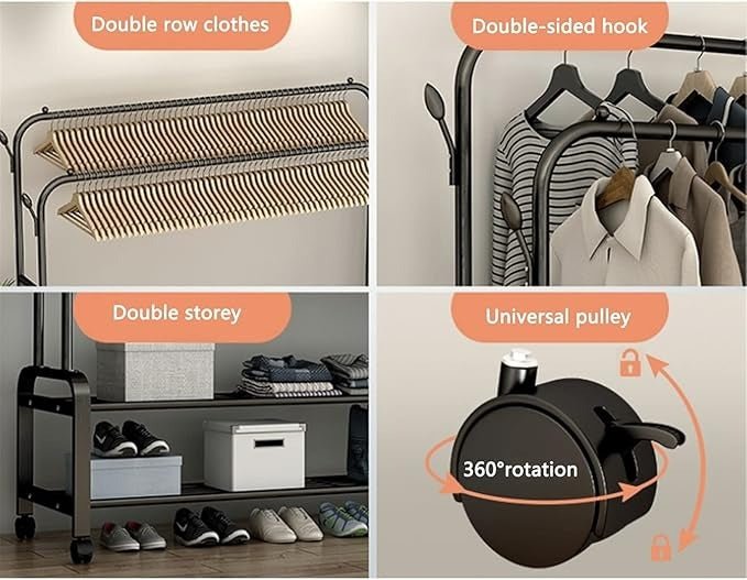 Heavy Duty Metal Clothes Rack with Wheels – Double Rail & Storage Shelf