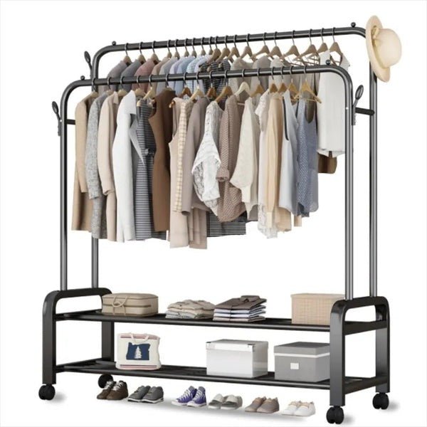 Heavy Duty Metal Clothes Rack with Wheels – Double Rail & Storage Shelf