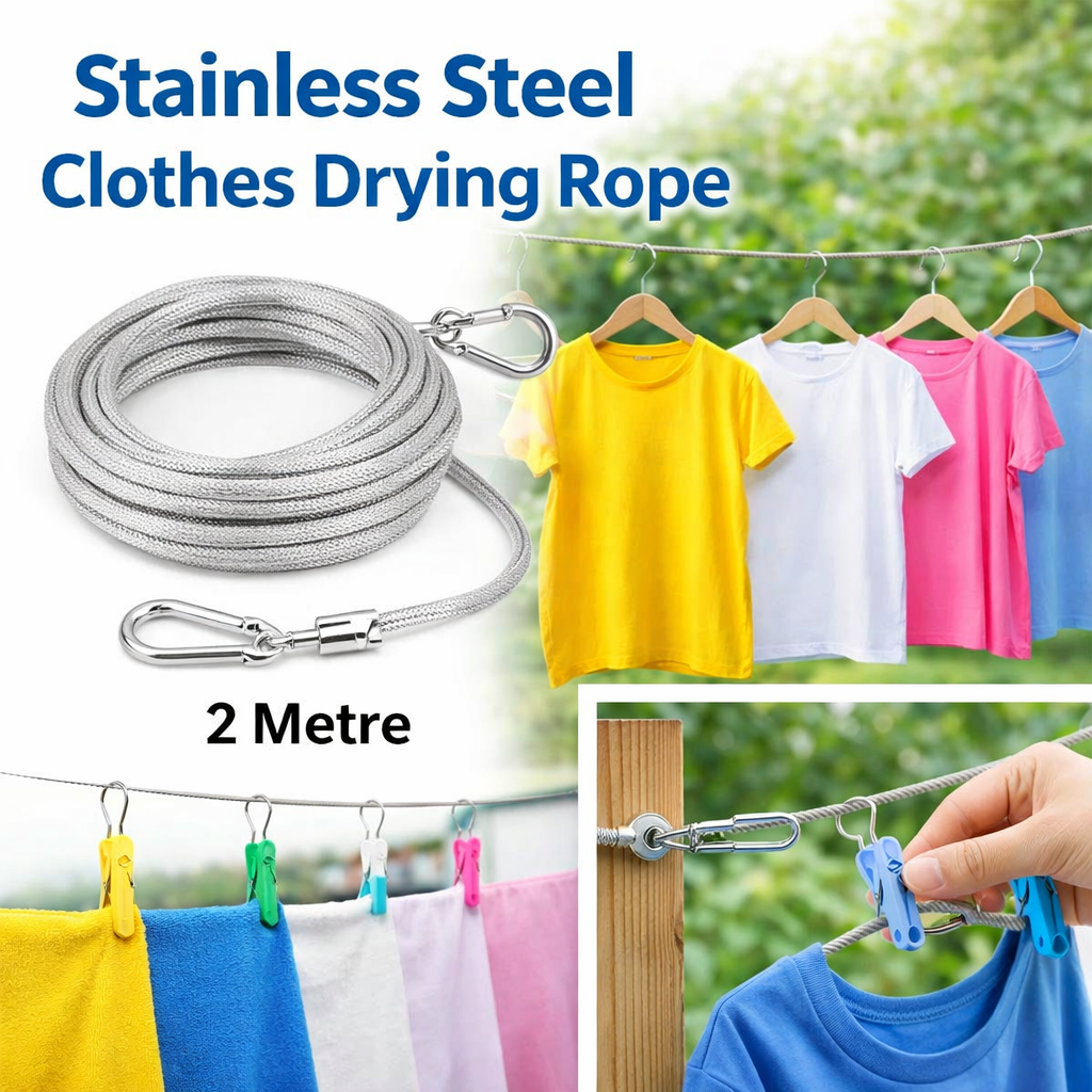 Heavy Duty Stainless Steel Clothes Drying Rope – 2M Portable Laundry Hanging Line for Indoor & Outdoor Use
