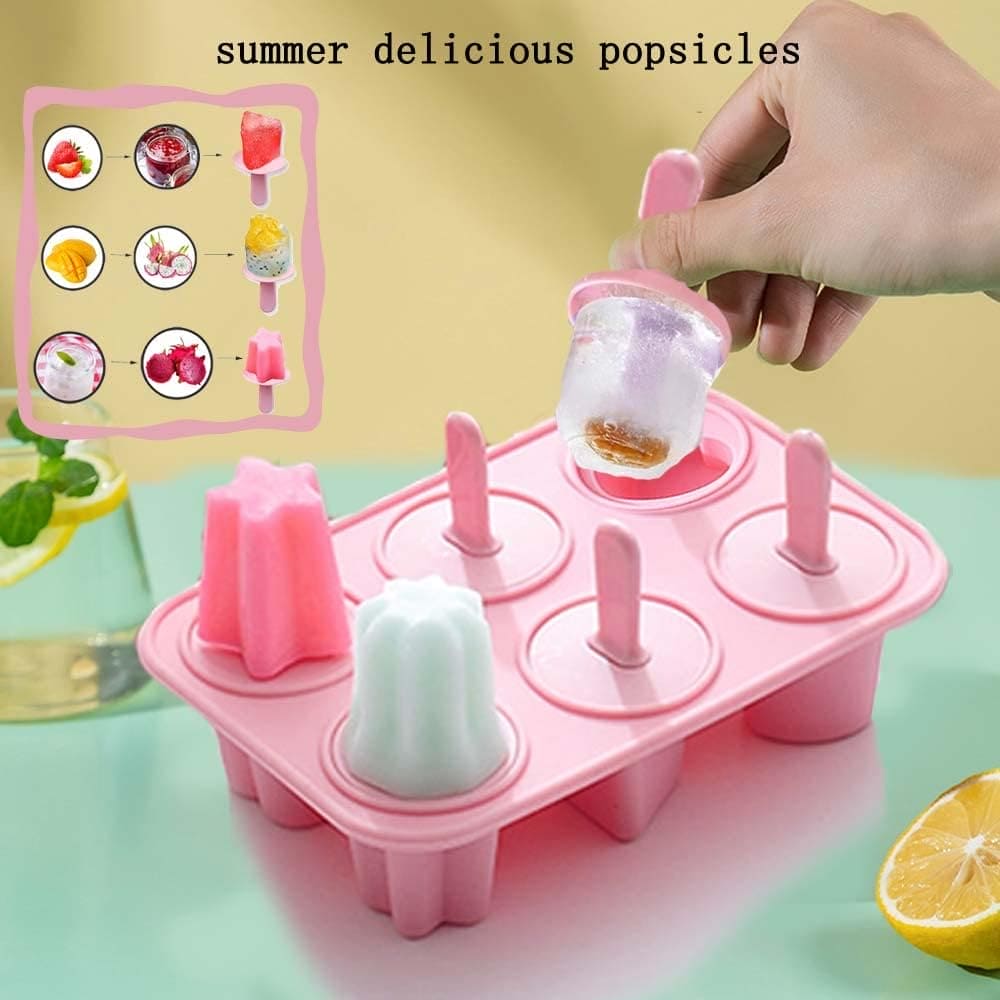 New Silicon Summer Ice Tray, 6 Hole Popsicle Mold, Reusable DIY Homemade Ice Cream Maker Tools, Ice Pole Jelly Popsicle Mold with Reusable Stick, Mini Dormitory Ice Maker for Chilling Cool Drinks
