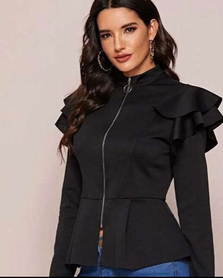 Stylish Winter Zip Up Ruffle Trim Peplum Jacket Cool Winter Jacket Zip Up Peplum Jacket