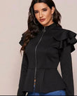 Stylish Winter Zip Up Ruffle Trim Peplum Jacket Cool Winter Jacket Zip Up Peplum Jacket