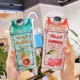 Hello Summer Water Bottle, Double Straw Cold Drink Cup, Creative Milk Box Style Water Bottle, Outdoor Thermos Cup, Summer Glass Drinking Water Bottle