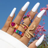 Multicolor Stone Heart Snake Ring Set For Women, Colorful Crystal Stone Snake Joint Ring Sets