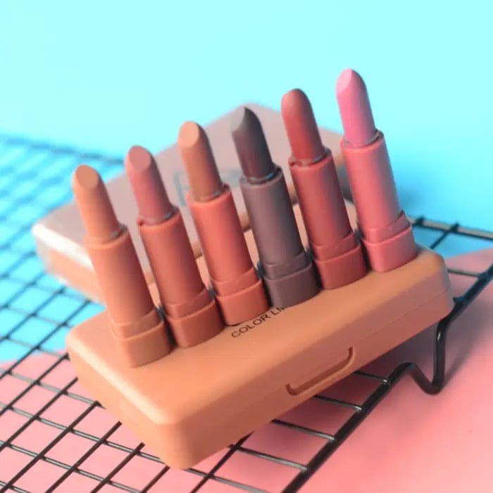 6 Pcs Pumpkins Color Matte Lipstick With Mirror, Heng Feng Color Lipstick, Mini Dry Lipstick Box, Long-lasting Lipstick Set
