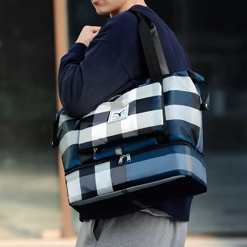 Durable Fitness Handbag, Folding Duffel Bag, Waterproof High Capacity Fashion Plaid Travel Hand Bag, Wet Dry Separation Sports Tote Bag, Women Shoulder Bags, Multifunctional Travel Bag, Convenient Foldable Travel Storage Bag