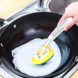 Replaceable Cleaning Brush, Kitchen Liquid Dispenser Dish Scrubber, 3 in1 Long Handle Cleaning Sponge, Removable Brush Head Sponge, Replacement Head Dishwashing Sponge, Heavy Duty Dish Wand for Kitchen, Sink, Bathroom
