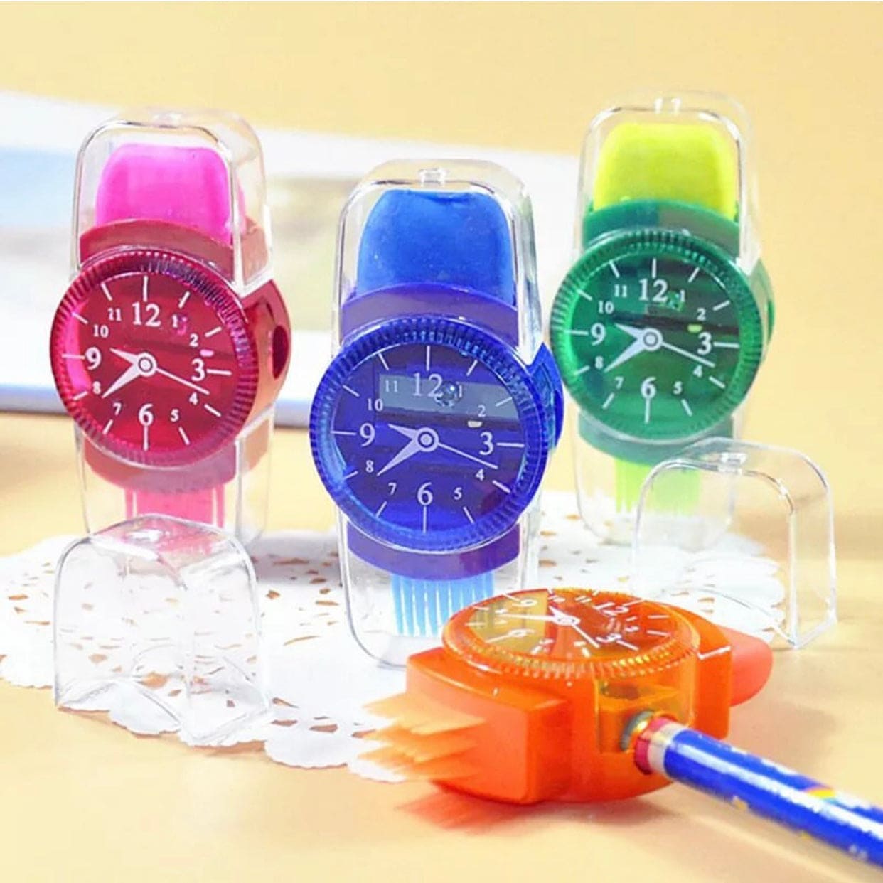 Creative 3 in 1 Pencil Sharpener, Creative Wristwatch Modelling Pencil Sharpener With Eraser And Brush