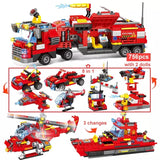 8 in 1 City Command Vehicle Model Building  Blocks, Firefighter Team Rescue Plane Boat Fireman Figure Brick